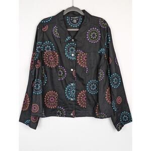 Alexandra Bartlett Shacket Jacket Linen Embroidered Art to Wear Black Size 3X